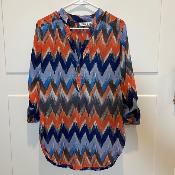 Cato Womens M Chevron Print 3/4 Sleeve Button Up Blouse Orange Blue Southwestern - Picture 1 of 8